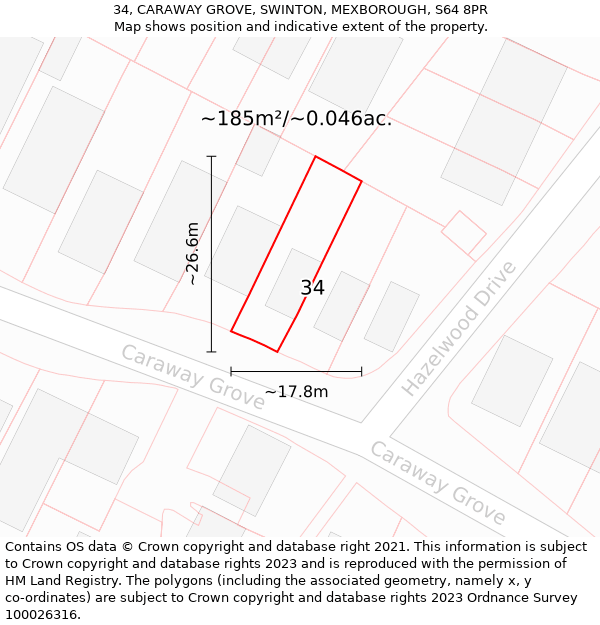 34, CARAWAY GROVE, SWINTON, MEXBOROUGH, S64 8PR: Plot and title map