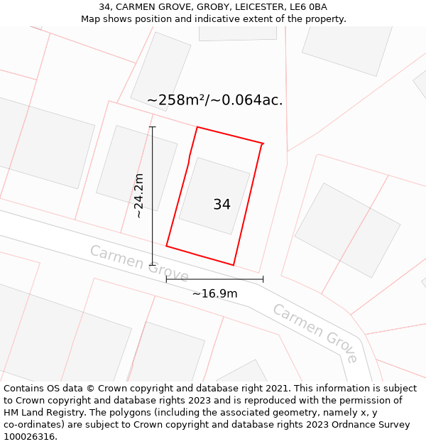 34, CARMEN GROVE, GROBY, LEICESTER, LE6 0BA: Plot and title map