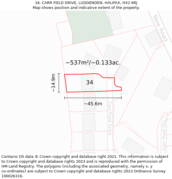 34, CARR FIELD DRIVE, LUDDENDEN, HALIFAX, HX2 6RJ: Plot and title map