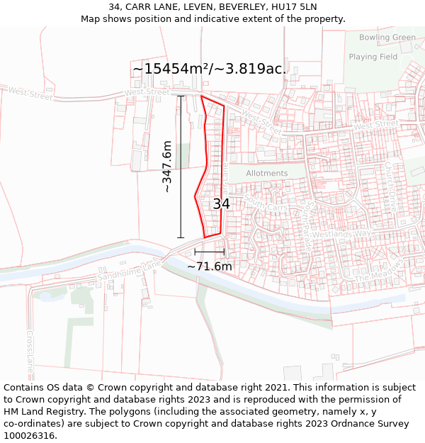 34, CARR LANE, LEVEN, BEVERLEY, HU17 5LN: Plot and title map