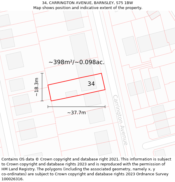 34, CARRINGTON AVENUE, BARNSLEY, S75 1BW: Plot and title map