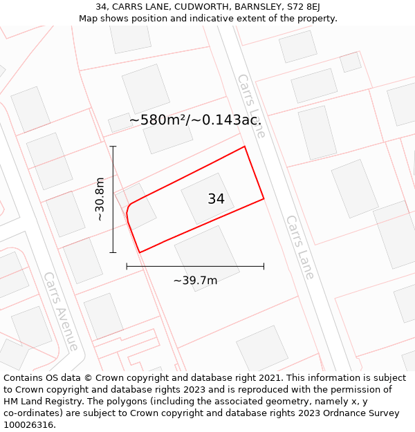 34, CARRS LANE, CUDWORTH, BARNSLEY, S72 8EJ: Plot and title map