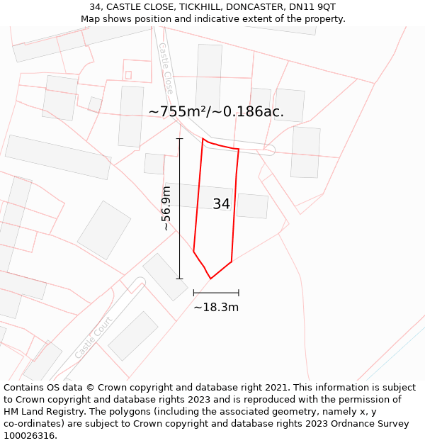 34, CASTLE CLOSE, TICKHILL, DONCASTER, DN11 9QT: Plot and title map