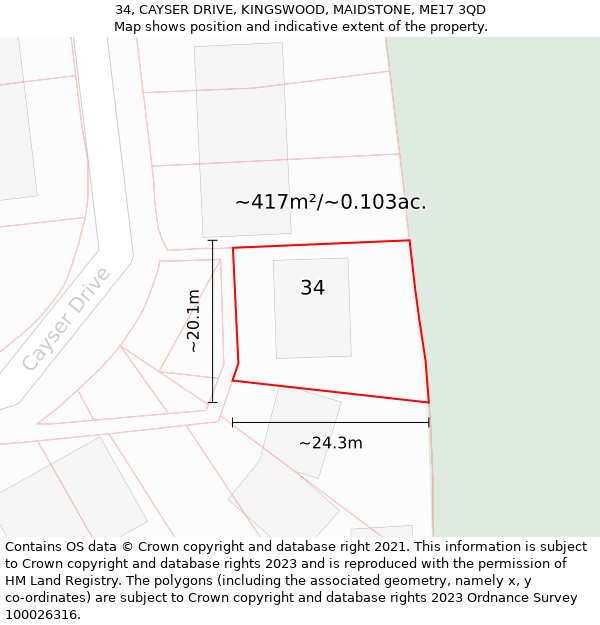 34, CAYSER DRIVE, KINGSWOOD, MAIDSTONE, ME17 3QD: Plot and title map