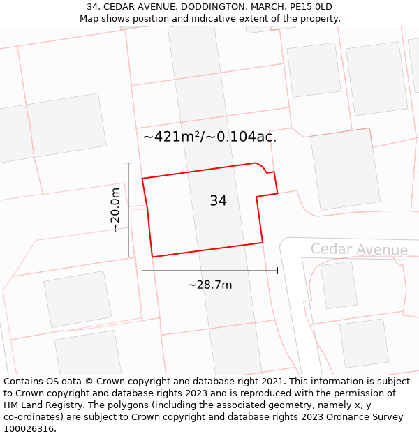 34, CEDAR AVENUE, DODDINGTON, MARCH, PE15 0LD: Plot and title map