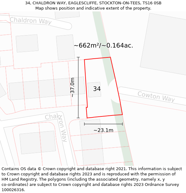 34, CHALDRON WAY, EAGLESCLIFFE, STOCKTON-ON-TEES, TS16 0SB: Plot and title map