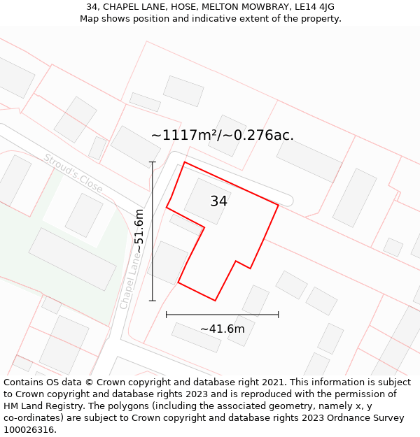 34, CHAPEL LANE, HOSE, MELTON MOWBRAY, LE14 4JG: Plot and title map