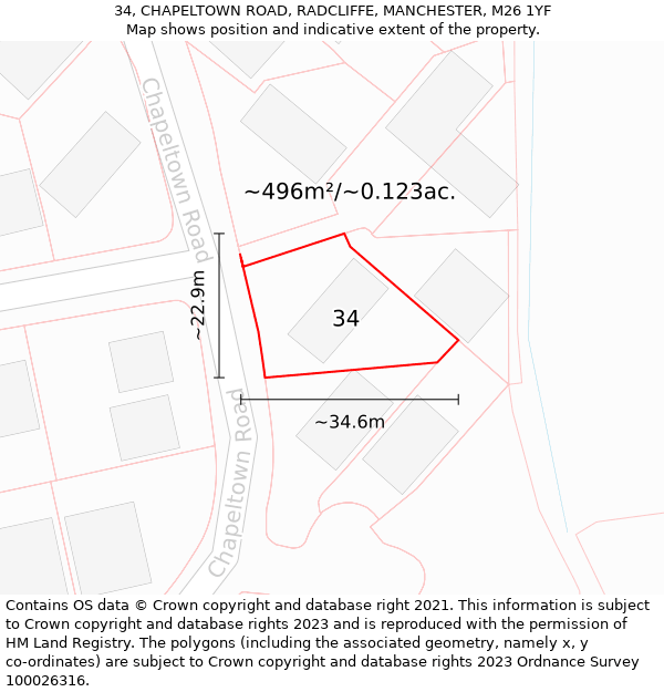 34, CHAPELTOWN ROAD, RADCLIFFE, MANCHESTER, M26 1YF: Plot and title map