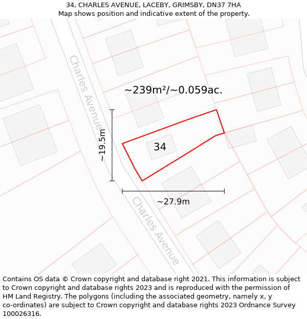 34, CHARLES AVENUE, LACEBY, GRIMSBY, DN37 7HA: Plot and title map