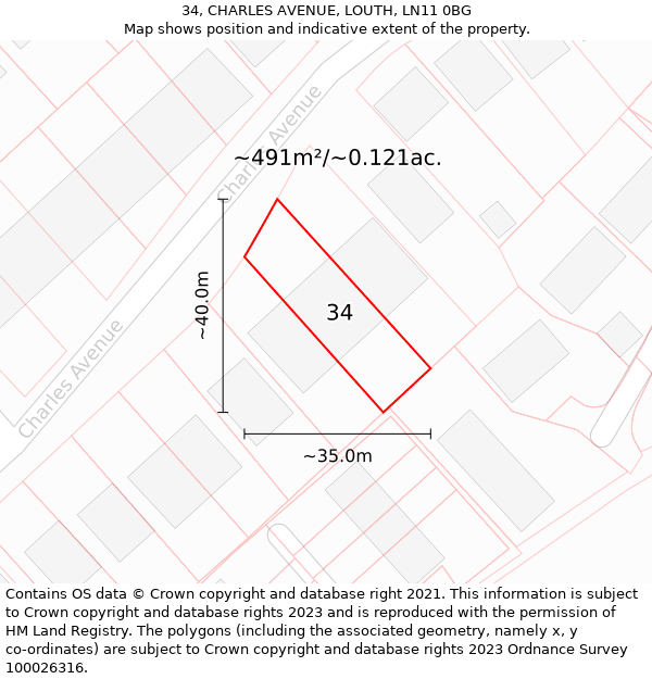 34, CHARLES AVENUE, LOUTH, LN11 0BG: Plot and title map