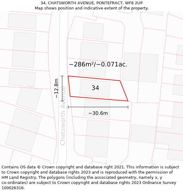 34, CHATSWORTH AVENUE, PONTEFRACT, WF8 2UP: Plot and title map