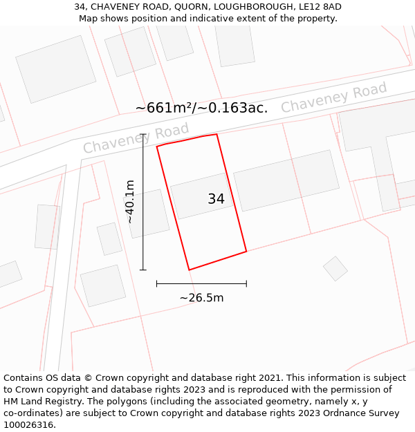 34, CHAVENEY ROAD, QUORN, LOUGHBOROUGH, LE12 8AD: Plot and title map