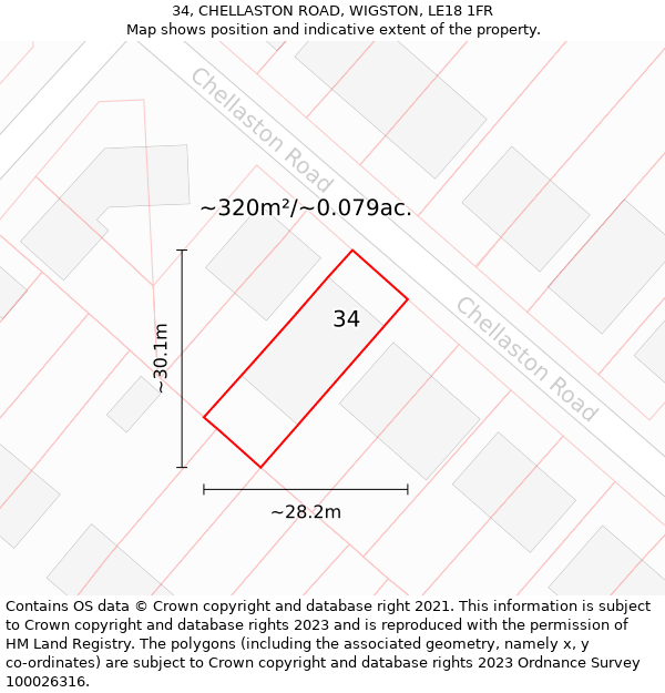 34, CHELLASTON ROAD, WIGSTON, LE18 1FR: Plot and title map