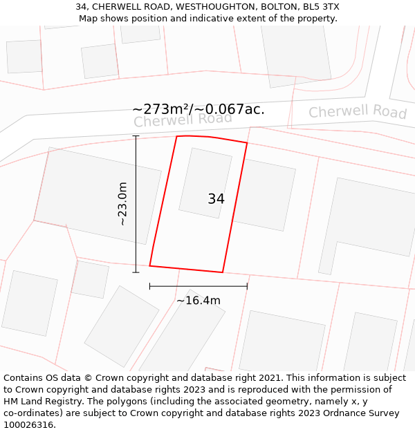 34, CHERWELL ROAD, WESTHOUGHTON, BOLTON, BL5 3TX: Plot and title map