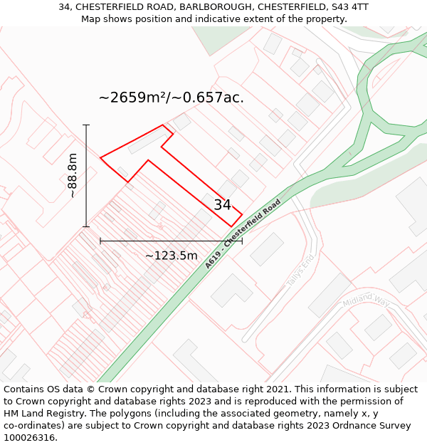 34, CHESTERFIELD ROAD, BARLBOROUGH, CHESTERFIELD, S43 4TT: Plot and title map