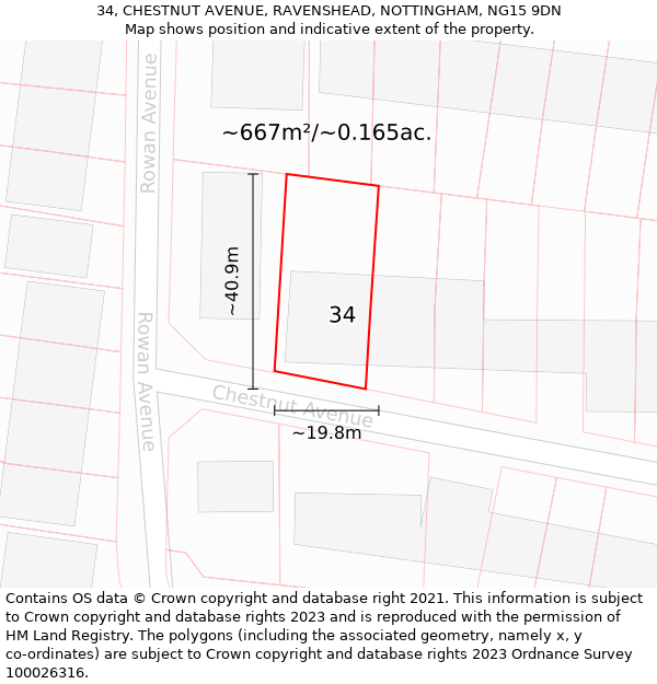 34, CHESTNUT AVENUE, RAVENSHEAD, NOTTINGHAM, NG15 9DN: Plot and title map