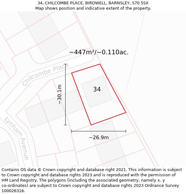 34, CHILCOMBE PLACE, BIRDWELL, BARNSLEY, S70 5SX: Plot and title map