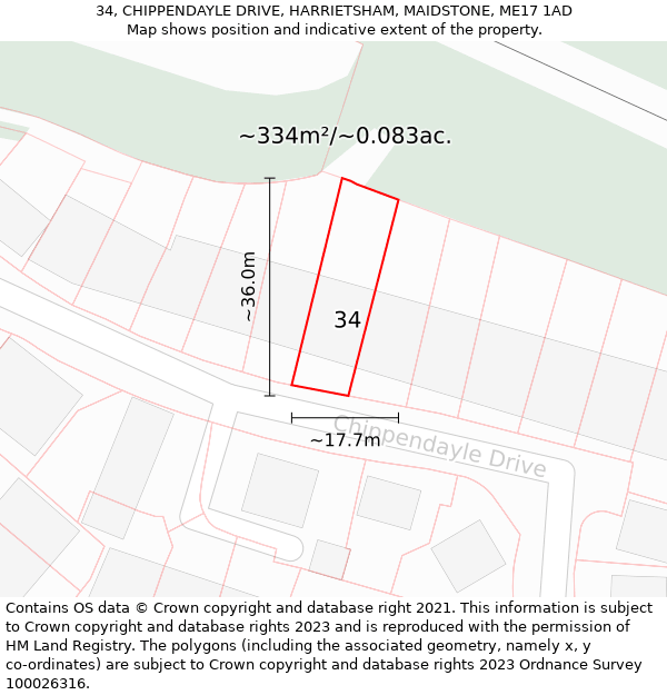 34, CHIPPENDAYLE DRIVE, HARRIETSHAM, MAIDSTONE, ME17 1AD: Plot and title map