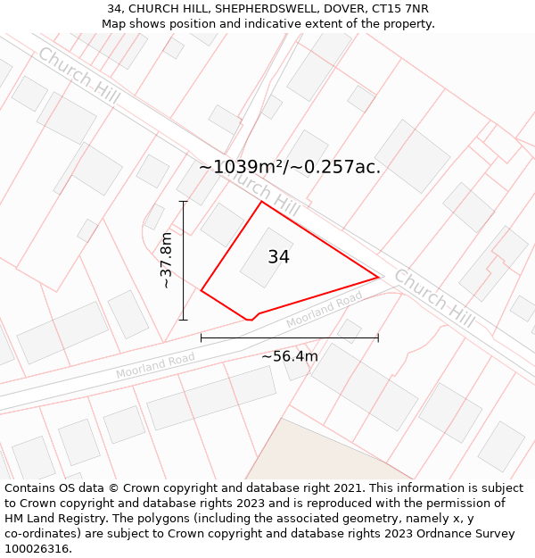 34, CHURCH HILL, SHEPHERDSWELL, DOVER, CT15 7NR: Plot and title map