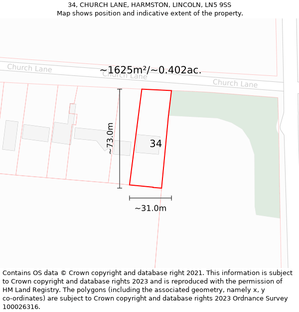 34, CHURCH LANE, HARMSTON, LINCOLN, LN5 9SS: Plot and title map