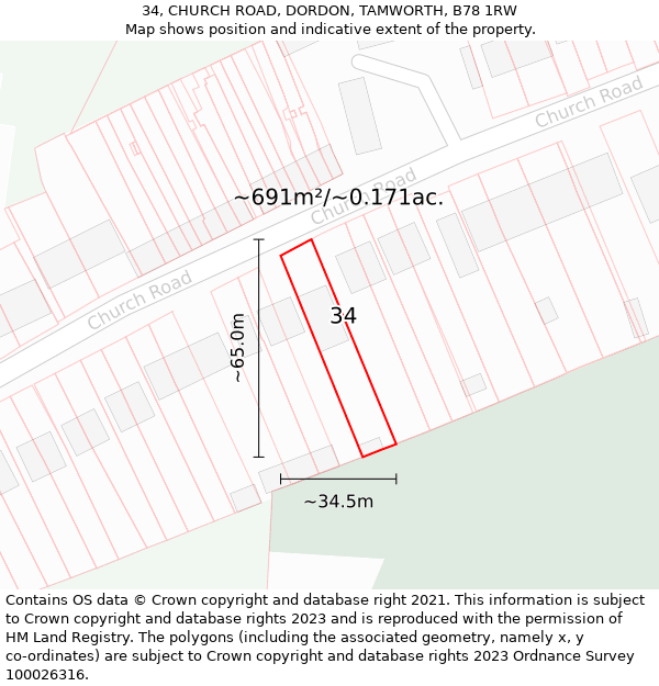 34, CHURCH ROAD, DORDON, TAMWORTH, B78 1RW: Plot and title map