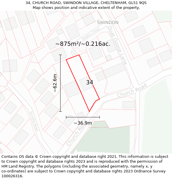 34, CHURCH ROAD, SWINDON VILLAGE, CHELTENHAM, GL51 9QS: Plot and title map