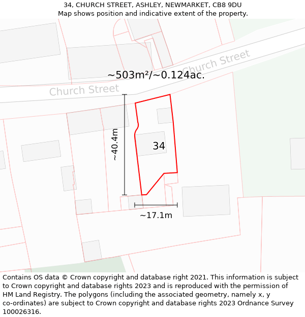 34, CHURCH STREET, ASHLEY, NEWMARKET, CB8 9DU: Plot and title map