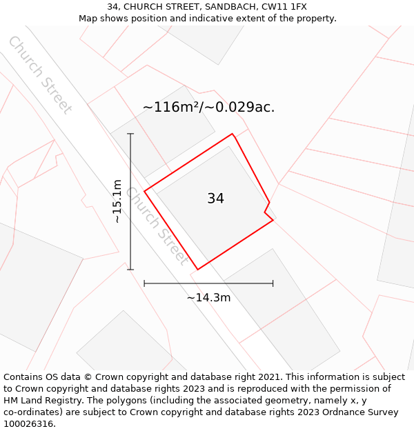 34, CHURCH STREET, SANDBACH, CW11 1FX: Plot and title map