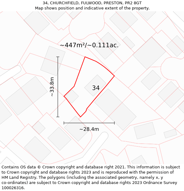 34, CHURCHFIELD, FULWOOD, PRESTON, PR2 8GT: Plot and title map