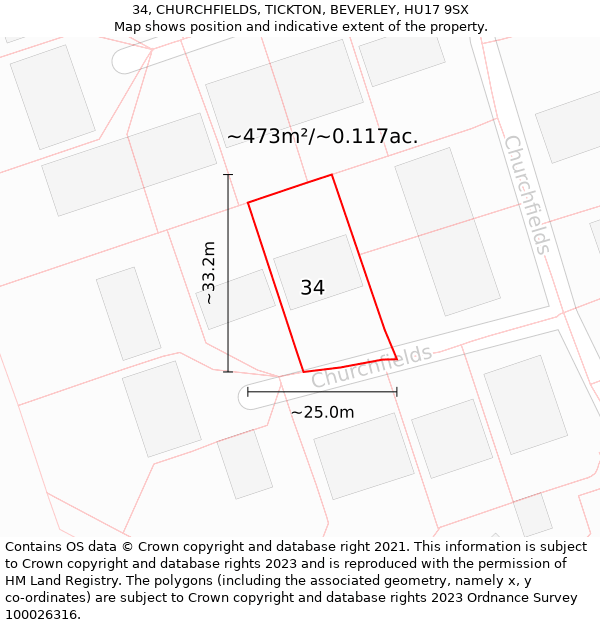 34, CHURCHFIELDS, TICKTON, BEVERLEY, HU17 9SX: Plot and title map