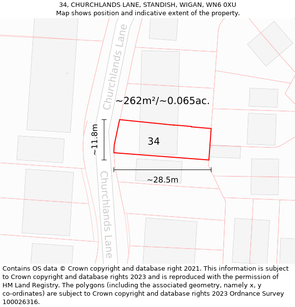 34, CHURCHLANDS LANE, STANDISH, WIGAN, WN6 0XU: Plot and title map