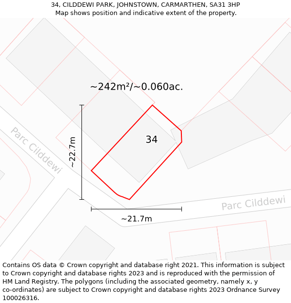 34, CILDDEWI PARK, JOHNSTOWN, CARMARTHEN, SA31 3HP: Plot and title map