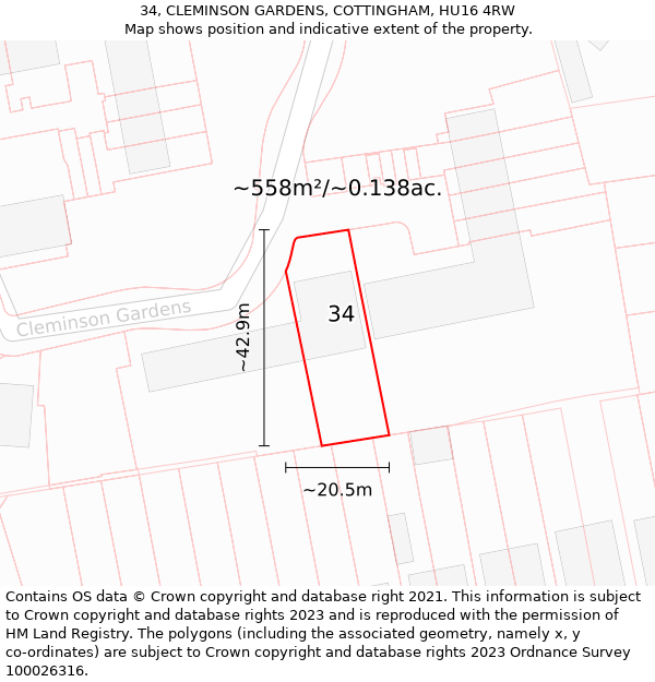 34, CLEMINSON GARDENS, COTTINGHAM, HU16 4RW: Plot and title map