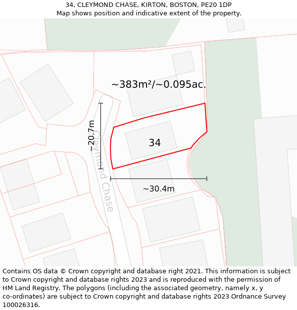 34, CLEYMOND CHASE, KIRTON, BOSTON, PE20 1DP: Plot and title map