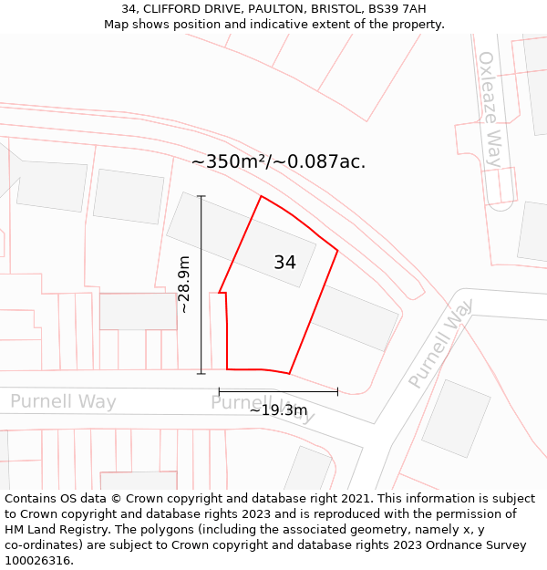 34, CLIFFORD DRIVE, PAULTON, BRISTOL, BS39 7AH: Plot and title map