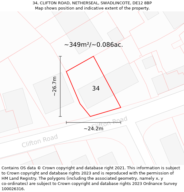 34, CLIFTON ROAD, NETHERSEAL, SWADLINCOTE, DE12 8BP: Plot and title map