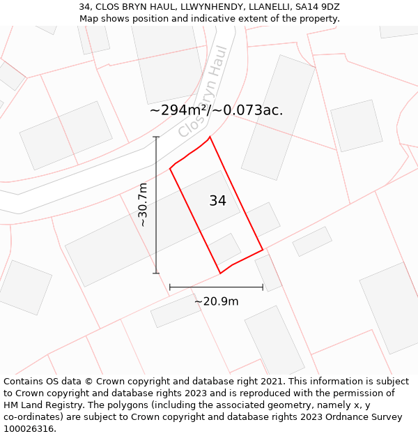 34, CLOS BRYN HAUL, LLWYNHENDY, LLANELLI, SA14 9DZ: Plot and title map