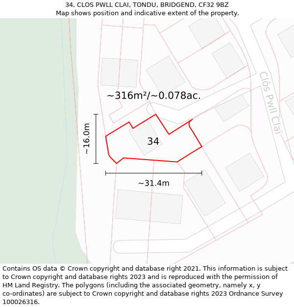 34, CLOS PWLL CLAI, TONDU, BRIDGEND, CF32 9BZ: Plot and title map