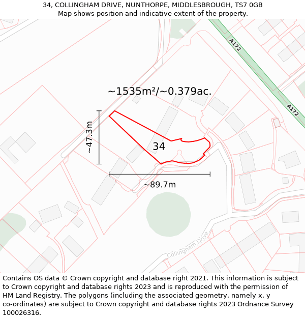 34, COLLINGHAM DRIVE, NUNTHORPE, MIDDLESBROUGH, TS7 0GB: Plot and title map