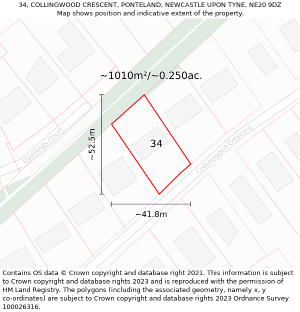 34, COLLINGWOOD CRESCENT, PONTELAND, NEWCASTLE UPON TYNE, NE20 9DZ: Plot and title map