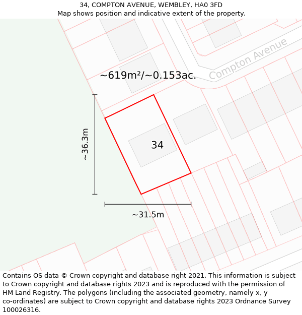 34, COMPTON AVENUE, WEMBLEY, HA0 3FD: Plot and title map