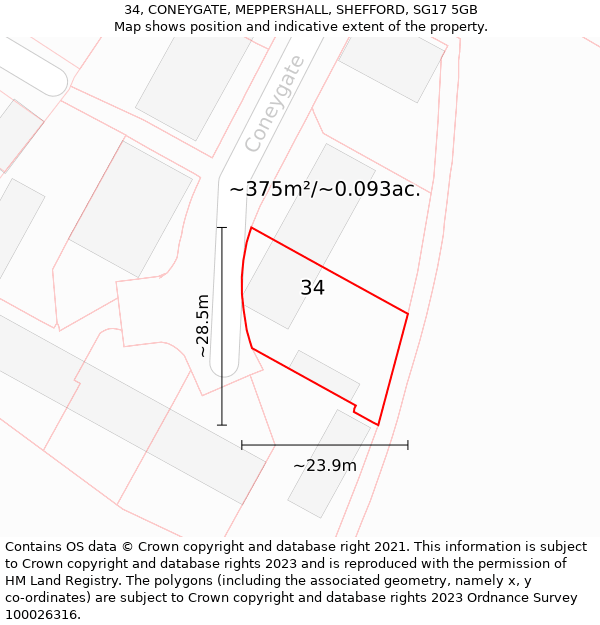 34, CONEYGATE, MEPPERSHALL, SHEFFORD, SG17 5GB: Plot and title map