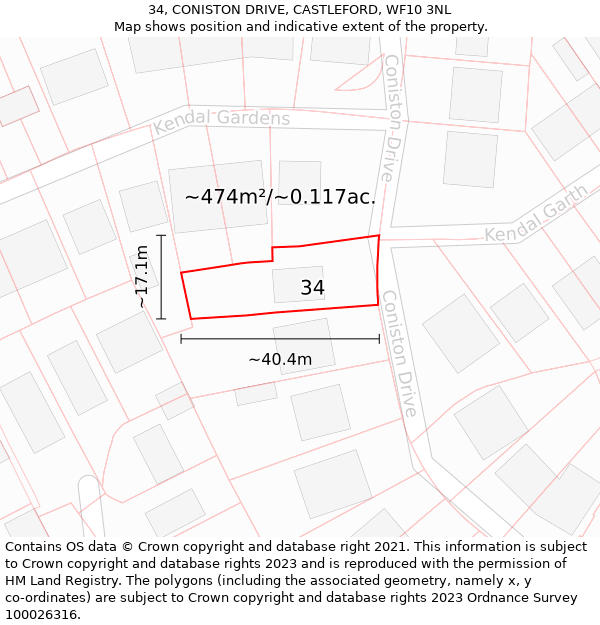 34, CONISTON DRIVE, CASTLEFORD, WF10 3NL: Plot and title map