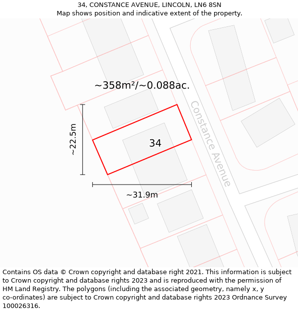 34, CONSTANCE AVENUE, LINCOLN, LN6 8SN: Plot and title map