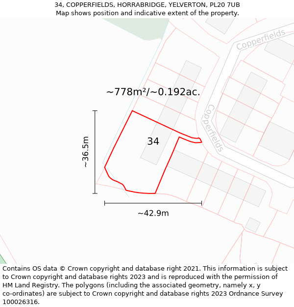 34, COPPERFIELDS, HORRABRIDGE, YELVERTON, PL20 7UB: Plot and title map