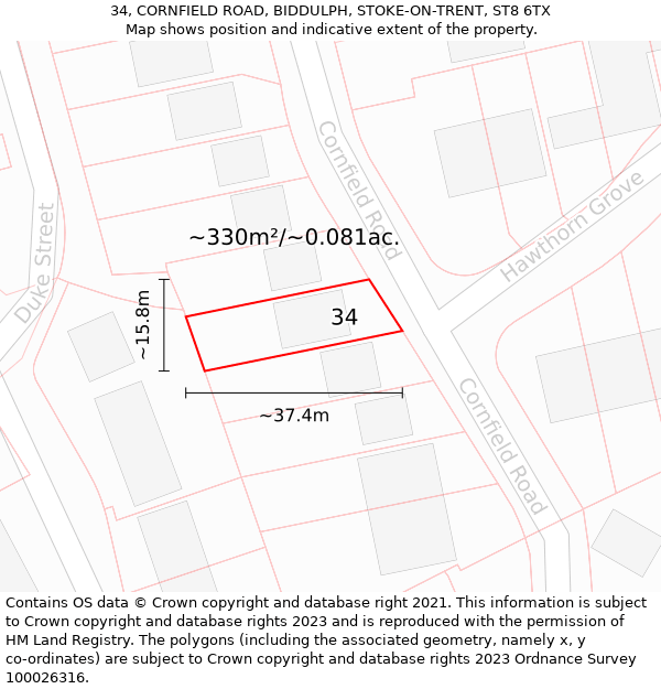 34, CORNFIELD ROAD, BIDDULPH, STOKE-ON-TRENT, ST8 6TX: Plot and title map