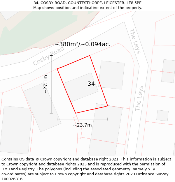 34, COSBY ROAD, COUNTESTHORPE, LEICESTER, LE8 5PE: Plot and title map