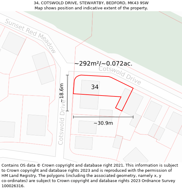 34, COTSWOLD DRIVE, STEWARTBY, BEDFORD, MK43 9SW: Plot and title map