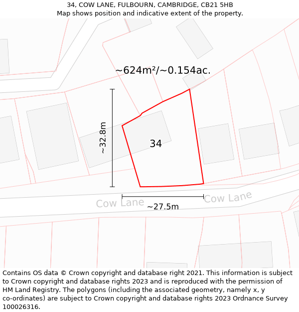 34, COW LANE, FULBOURN, CAMBRIDGE, CB21 5HB: Plot and title map