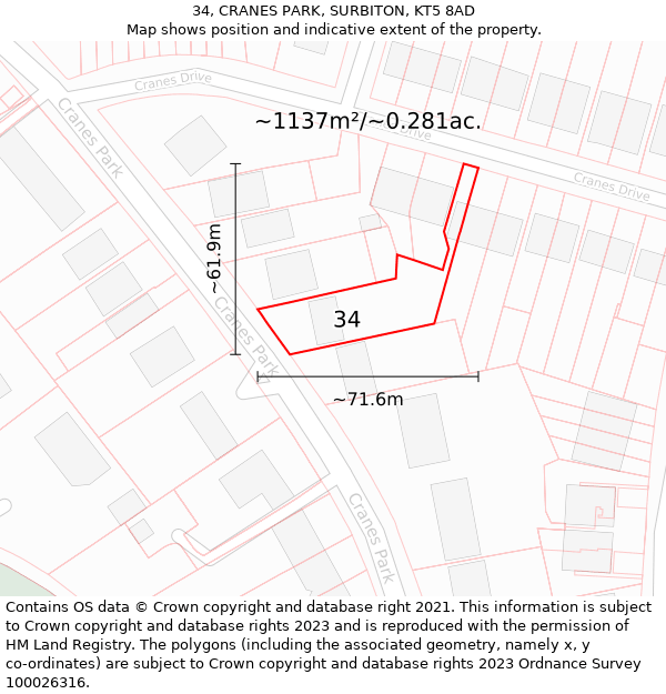 34, CRANES PARK, SURBITON, KT5 8AD: Plot and title map